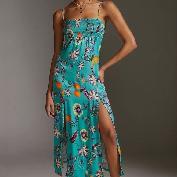 Maeve Anthropologie Teal Green Floral Cross Back Smocked Midi Slip Dress Small - Picture 1 of 6